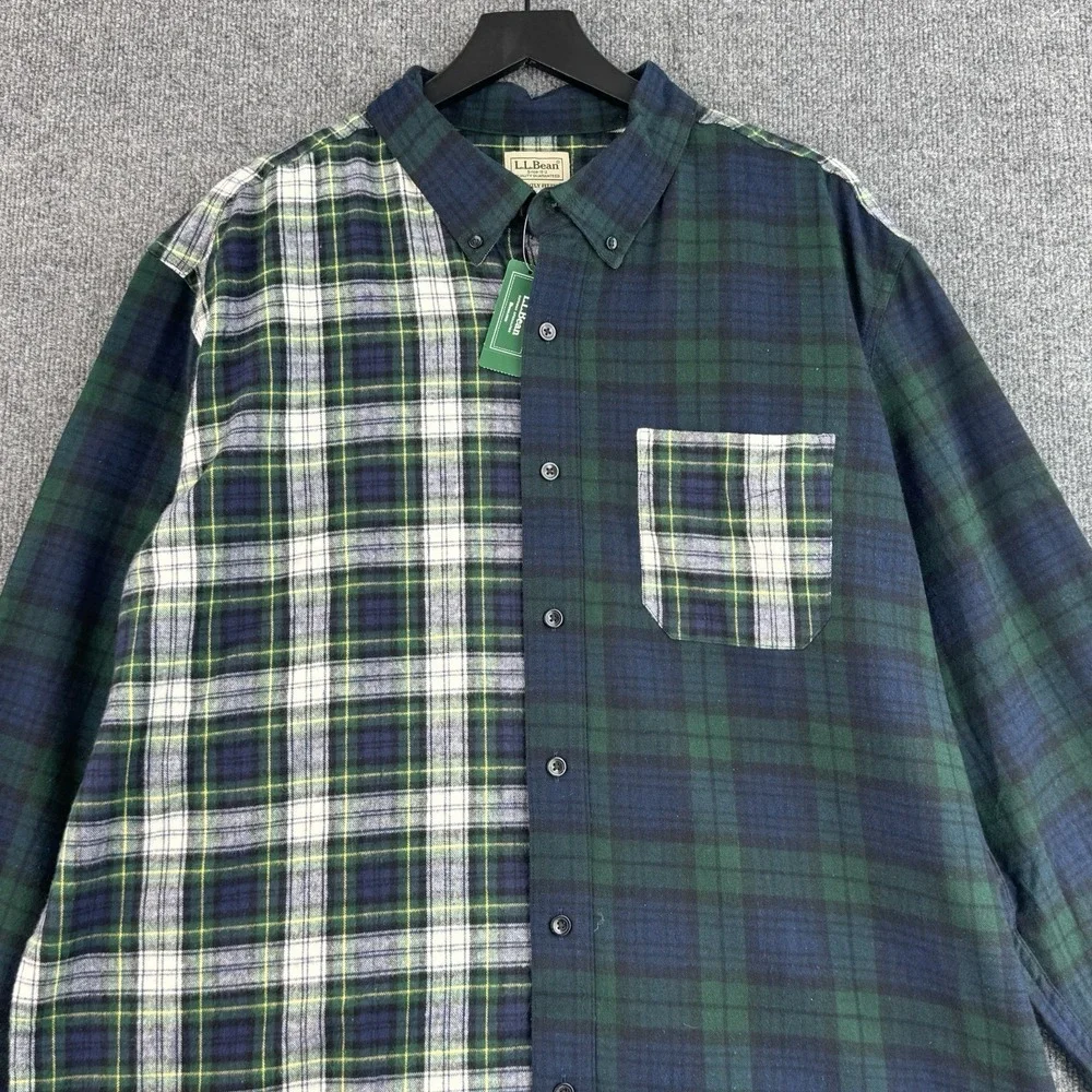 L.L.Bean Flannel Shirt Mens XXL T Green Black Watch Patchwork Plaid Cotton NWT